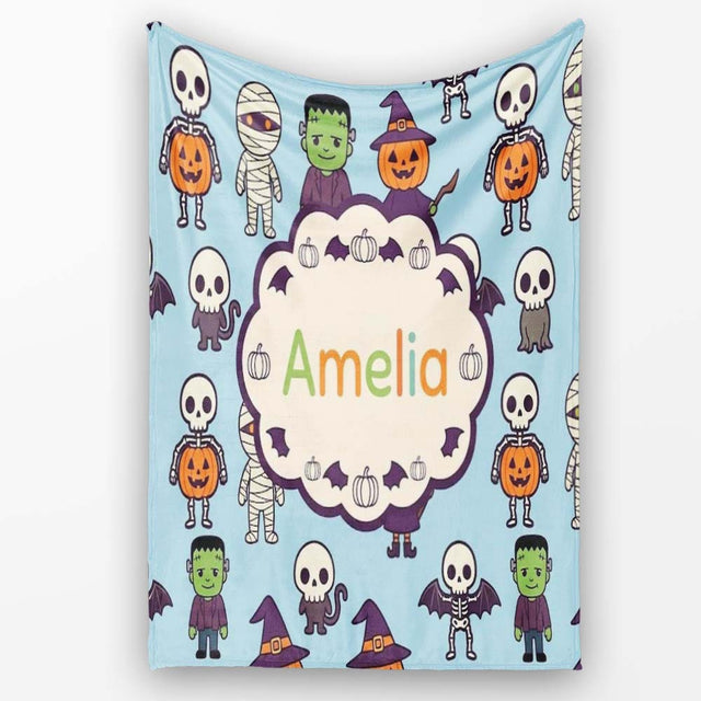 Cute Halloween Frankenstein Mummy Bat Pumpkin Seamless Pattern Blue  Personalised Custom Name Super Soft Fleece Blanket Bed Sofa Throw