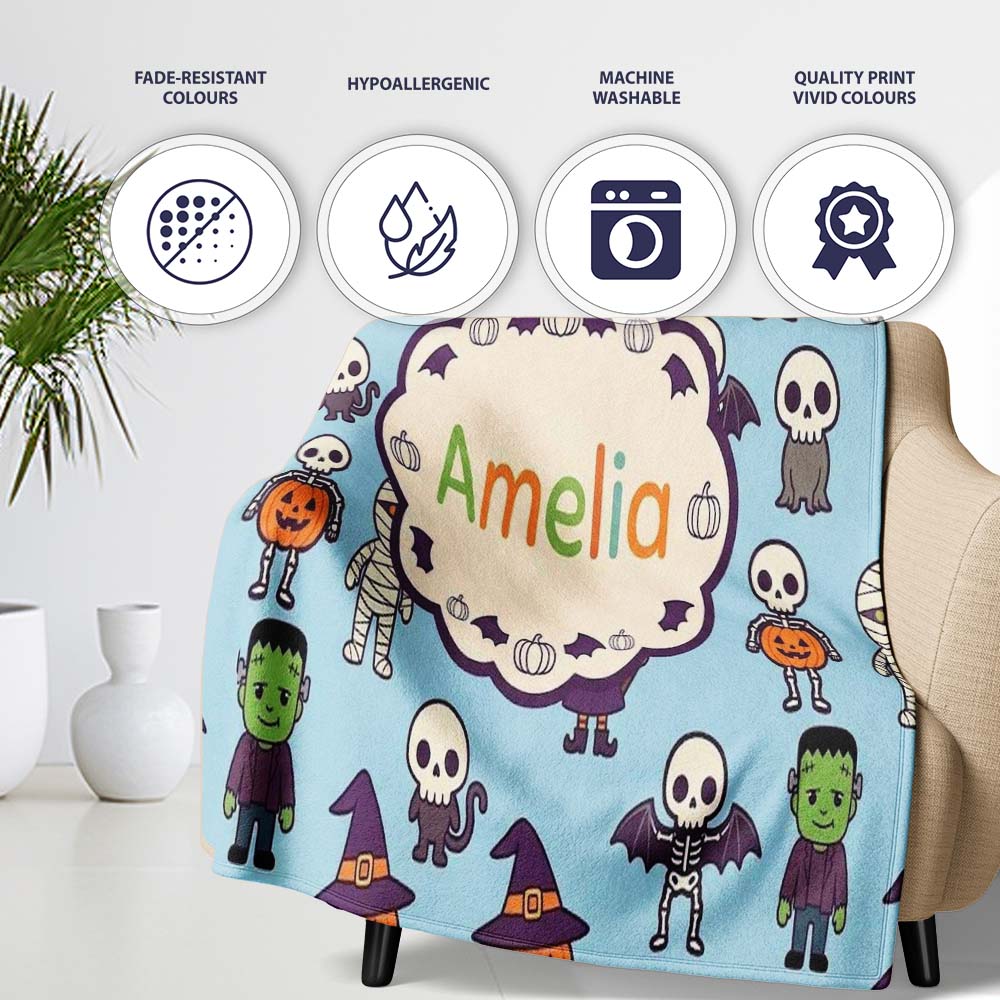 Cute Halloween Frankenstein Mummy Bat Pumpkin Seamless Pattern Blue  Personalised Custom Name Super Soft Fleece Blanket Bed Sofa Throw
