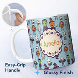 Personalized Custom Name Cute Halloween Frankenstein Mummy Bat Pumpkin Seamless Pattern Blue 11oz Ceramic Coffee Tea Mug White Large Handle