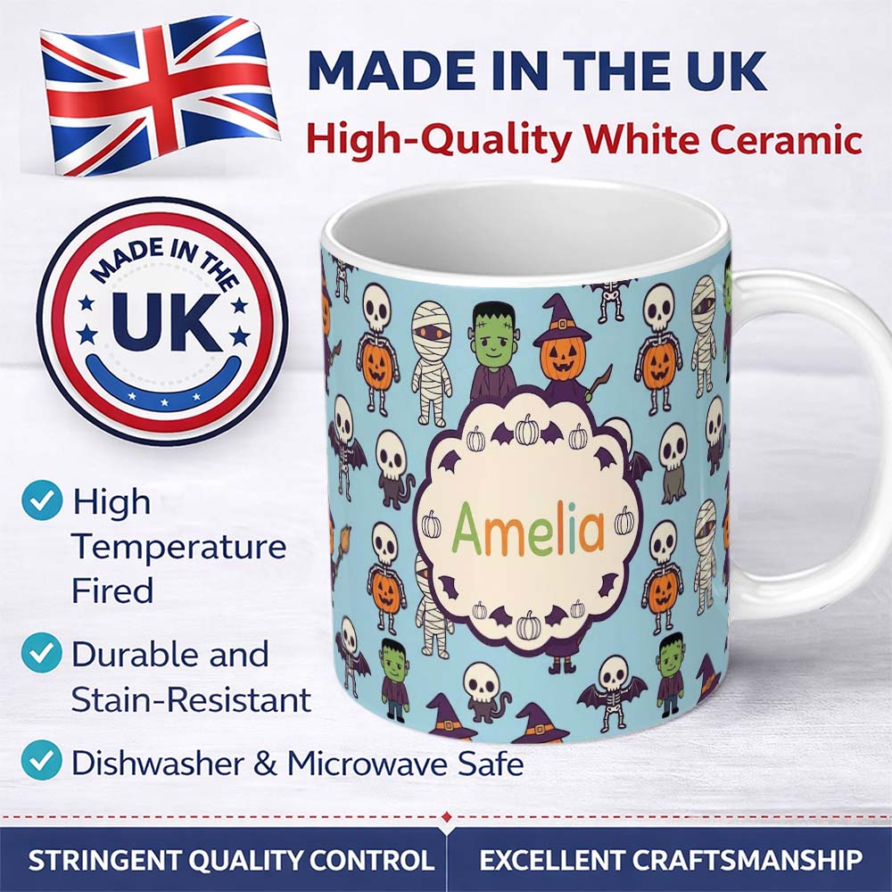 Personalized Custom Name Cute Halloween Frankenstein Mummy Bat Pumpkin Seamless Pattern Blue 11oz Ceramic Coffee Tea Mug White Large Handle