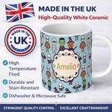 Personalized Custom Name Cute Halloween Frankenstein Mummy Bat Pumpkin Seamless Pattern Blue 11oz Ceramic Coffee Tea Mug White Large Handle