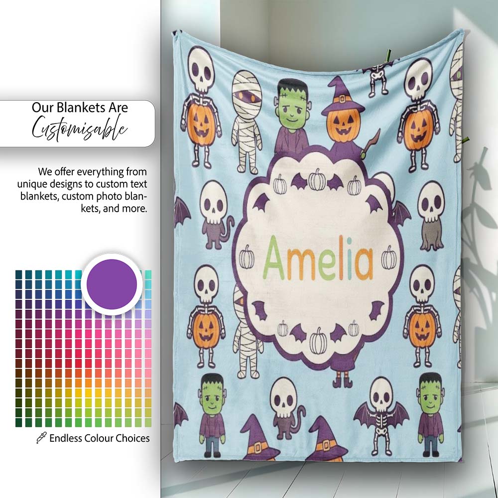 Cute Halloween Frankenstein Mummy Bat Pumpkin Seamless Pattern Blue  Personalised Custom Name Super Soft Fleece Blanket Bed Sofa Throw