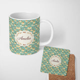 Personalized Custom Name Fresh Picnic Baskets with Flowers and Jars Seamless Pattern Lovely 11oz Ceramic Coffee Tea Mug White Large Handle