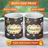 Personalized Custom Name Halloween Frankenstein Mummy Bat Pumpkin Seamless Pattern Dark Grey 11oz Ceramic Coffee Tea Mug White Large Handle
