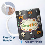 Personalized Custom Name Halloween Frankenstein Mummy Bat Pumpkin Seamless Pattern Dark Grey 11oz Ceramic Coffee Tea Mug White Large Handle