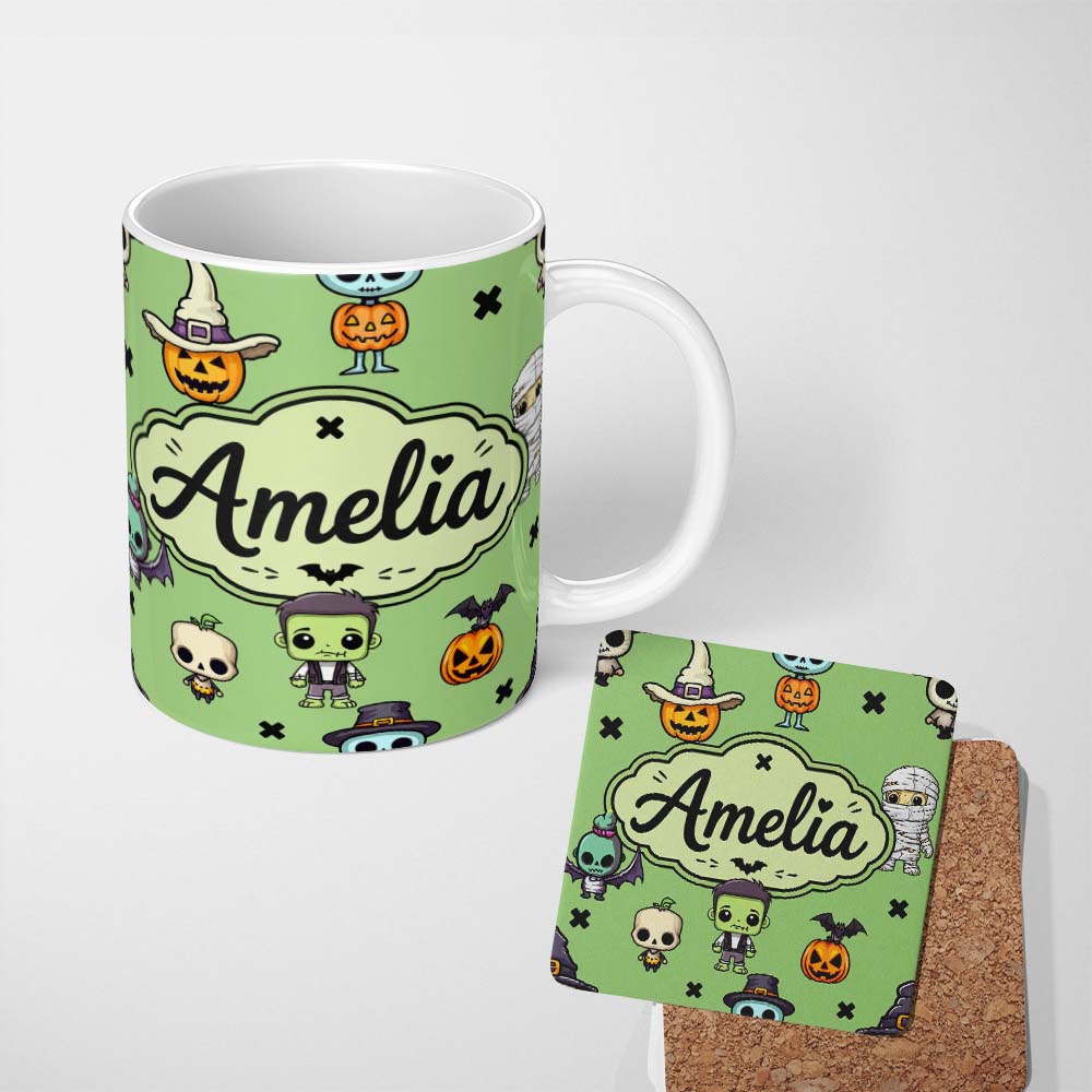 Personalized Custom Name Cute Halloween Frankenstein Mummy Bat Pumpkin Seamless Pattern 11oz Ceramic Coffee Tea Mug White Large Handle