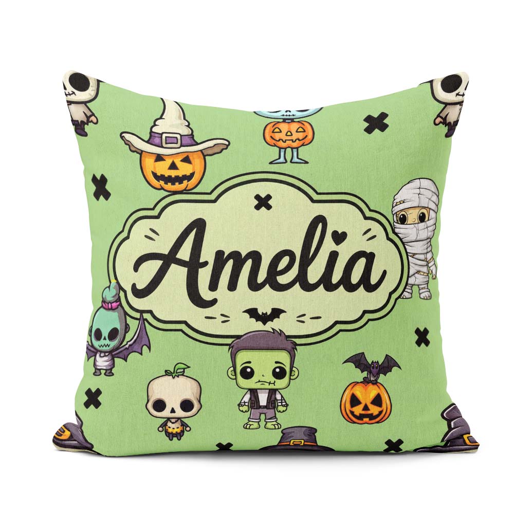 Custom Name Cute Frankenstein Mummy Bat Pumpkin Seamless Pattern Square Filled Cushion Throw Pillow Sofa Bed Home Decor Zip Washable UK Made