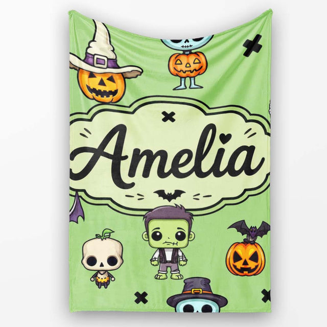 Cute Halloween Frankenstein Mummy Bat Pumpkin Seamless Pattern  Personalised Custom Name Super Soft Fleece Blanket Bed Sofa Throw