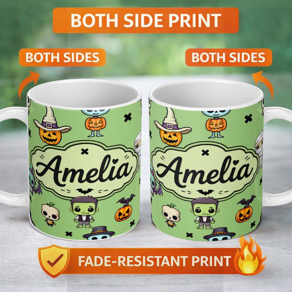 Personalized Custom Name Cute Halloween Frankenstein Mummy Bat Pumpkin Seamless Pattern 11oz Ceramic Coffee Tea Mug White Large Handle
