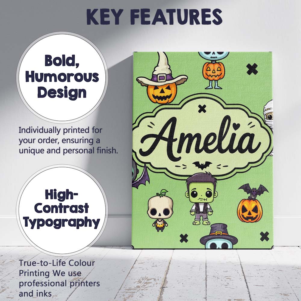 Personalised Name Cute Halloween Frankenstein Custom Unique Gift Idea Modern Room Accent Canvas Wall Art Print Decor Picture Ready to Hang