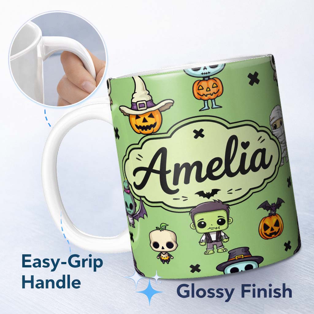 Personalized Custom Name Cute Halloween Frankenstein Mummy Bat Pumpkin Seamless Pattern 11oz Ceramic Coffee Tea Mug White Large Handle