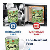 Personalized Custom Name Cute Halloween Frankenstein Mummy Bat Pumpkin Seamless Pattern 11oz Ceramic Coffee Tea Mug White Large Handle