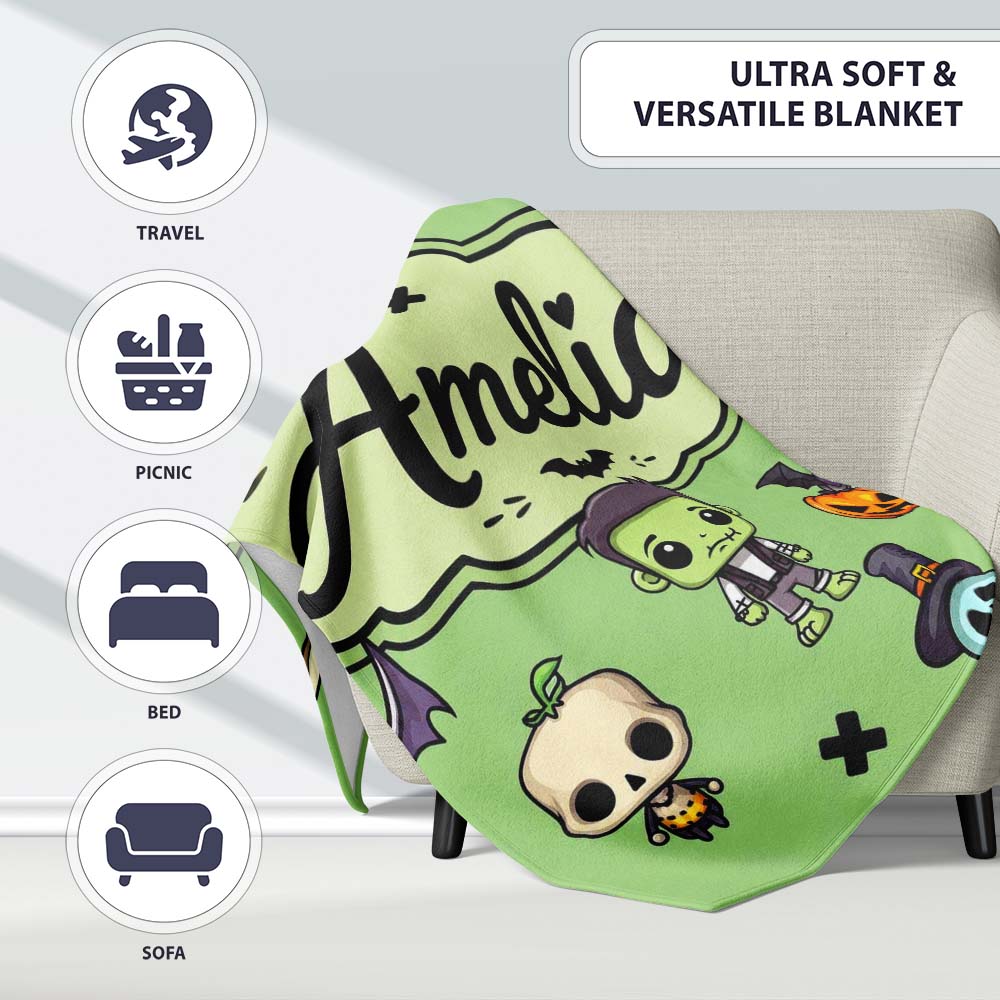 Cute Halloween Frankenstein Mummy Bat Pumpkin Seamless Pattern  Personalised Custom Name Super Soft Fleece Blanket Bed Sofa Throw