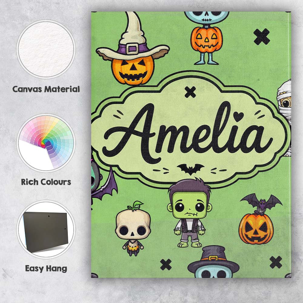 Personalised Name Cute Halloween Frankenstein Custom Unique Gift Idea Modern Room Accent Canvas Wall Art Print Decor Picture Ready to Hang