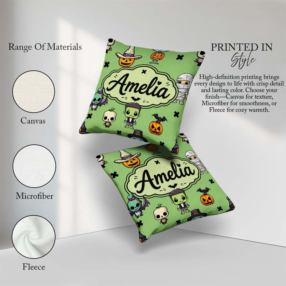 Custom Name Cute Frankenstein Mummy Bat Pumpkin Seamless Pattern Square Filled Cushion Throw Pillow Sofa Bed Home Decor Zip Washable UK Made