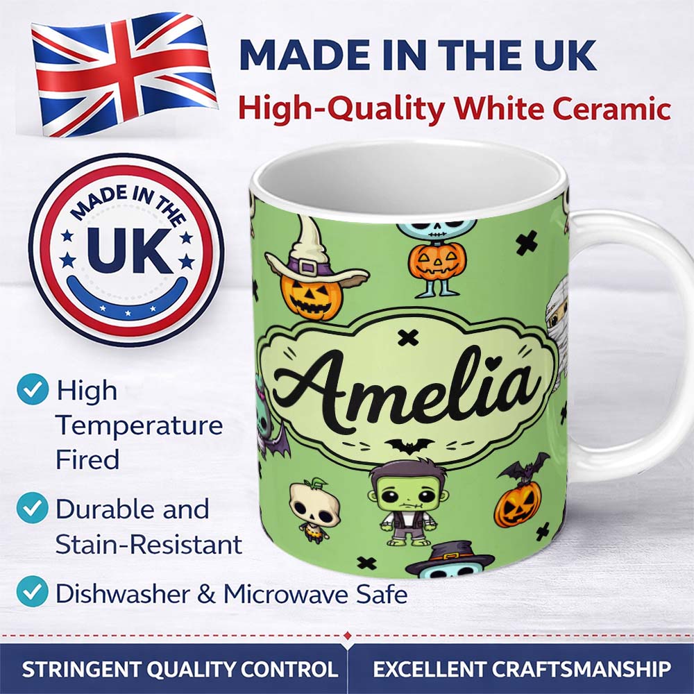 Personalized Custom Name Cute Halloween Frankenstein Mummy Bat Pumpkin Seamless Pattern 11oz Ceramic Coffee Tea Mug White Large Handle