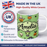 Personalized Custom Name Cute Halloween Frankenstein Mummy Bat Pumpkin Seamless Pattern 11oz Ceramic Coffee Tea Mug White Large Handle