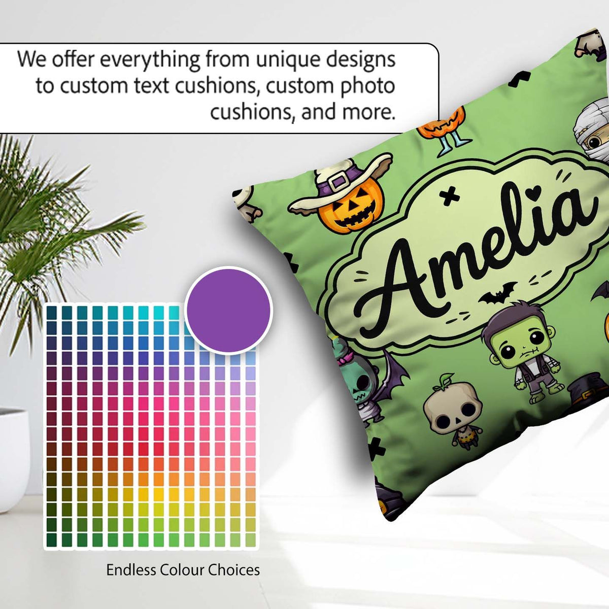 Custom Name Cute Frankenstein Mummy Bat Pumpkin Seamless Pattern Square Filled Cushion Throw Pillow Sofa Bed Home Decor Zip Washable UK Made