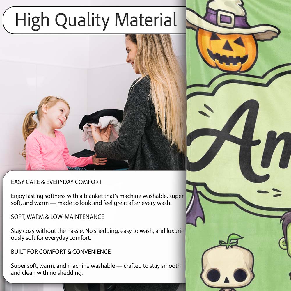 Cute Halloween Frankenstein Mummy Bat Pumpkin Seamless Pattern  Personalised Custom Name Super Soft Fleece Blanket Bed Sofa Throw