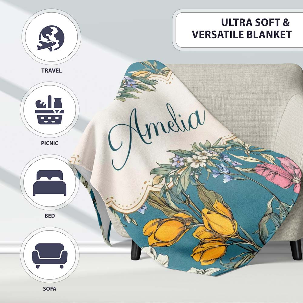 Minimal Daisy Flower Soft Green Seamless Pattern Cute Unique Gift  Personalised Custom Name Super Soft Fleece Blanket Bed Sofa Throw