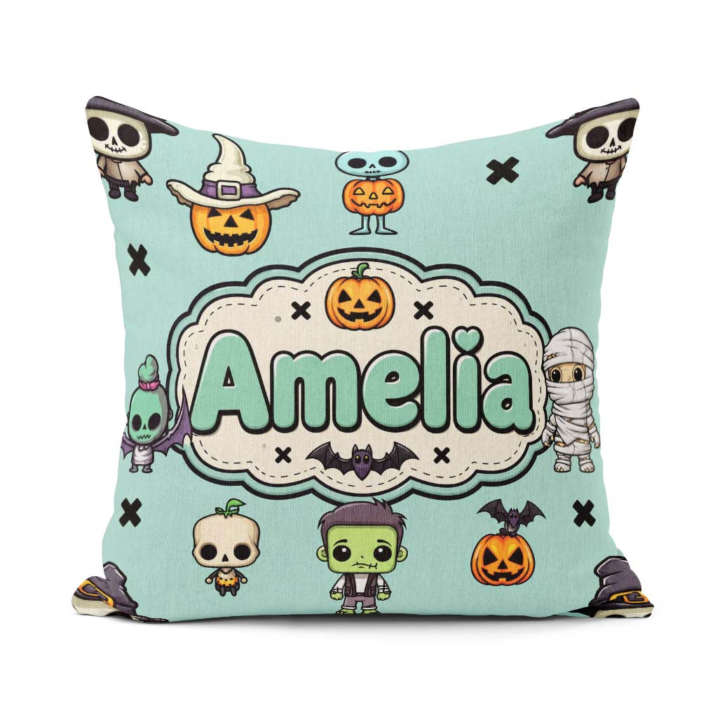 Custom Name Frankenstein Mummy Bat Pumpkin Seamless Pattern Teal Square Filled Cushion Throw Pillow Sofa Bed Home Decor Zip Washable UK Made