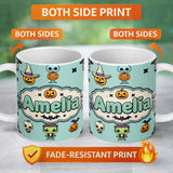 Personalized Custom Name Cute Halloween Frankenstein Mummy Bat Pumpkin Seamless Pattern Teal 11oz Ceramic Coffee Tea Mug White Large Handle