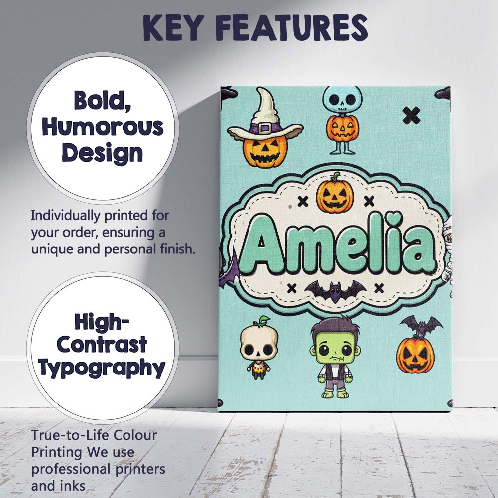 Personalised Name Cute Halloween Frankenstein Custom Unique Gift Idea Modern Room Accent Canvas Wall Art Print Decor Picture Ready to Hang
