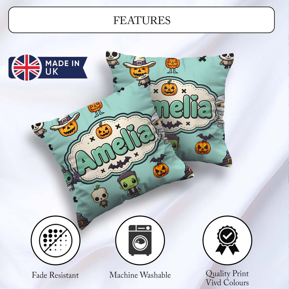 Custom Name Frankenstein Mummy Bat Pumpkin Seamless Pattern Teal Square Filled Cushion Throw Pillow Sofa Bed Home Decor Zip Washable UK Made