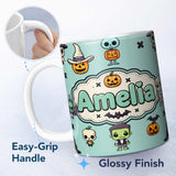 Personalized Custom Name Cute Halloween Frankenstein Mummy Bat Pumpkin Seamless Pattern Teal 11oz Ceramic Coffee Tea Mug White Large Handle