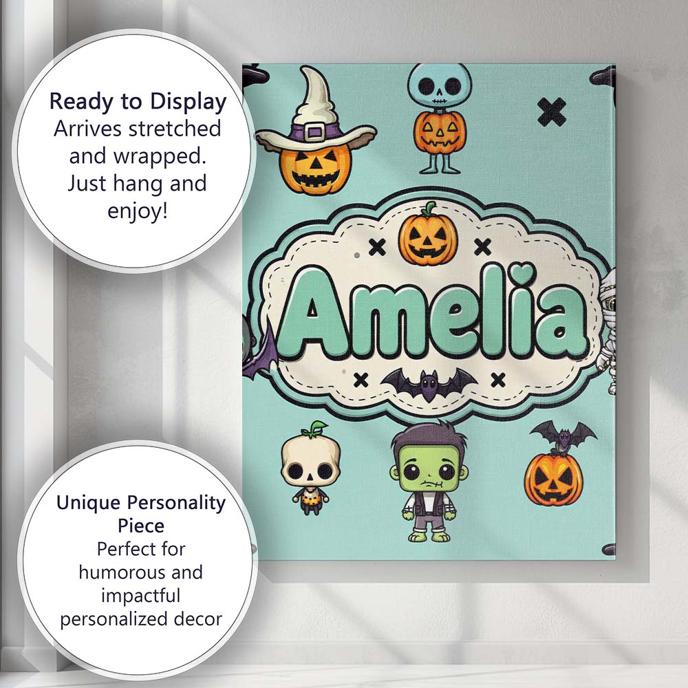 Personalised Name Cute Halloween Frankenstein Custom Unique Gift Idea Modern Room Accent Canvas Wall Art Print Decor Picture Ready to Hang