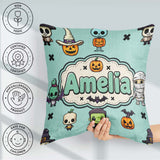 Custom Name Frankenstein Mummy Bat Pumpkin Seamless Pattern Teal Square Filled Cushion Throw Pillow Sofa Bed Home Decor Zip Washable UK Made