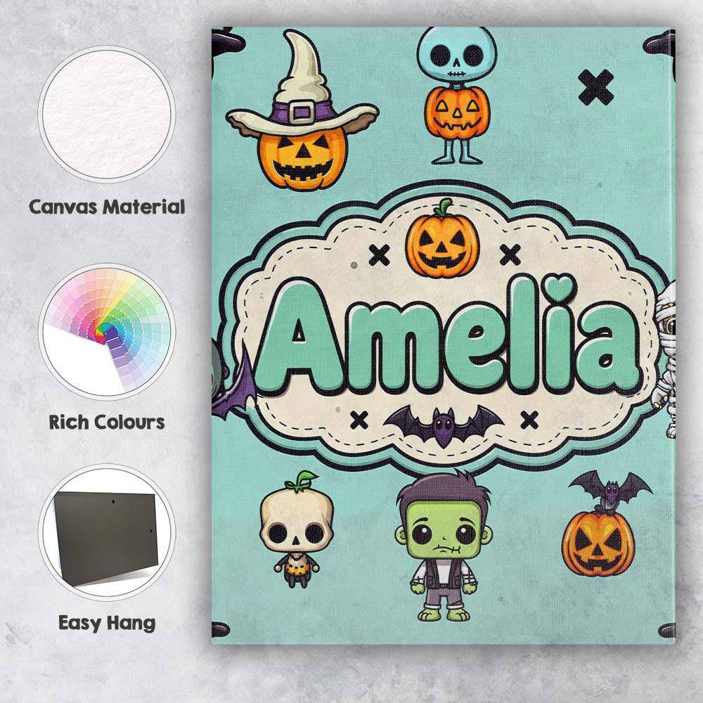 Personalised Name Cute Halloween Frankenstein Custom Unique Gift Idea Modern Room Accent Canvas Wall Art Print Decor Picture Ready to Hang