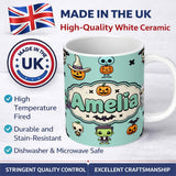 Personalized Custom Name Cute Halloween Frankenstein Mummy Bat Pumpkin Seamless Pattern Teal 11oz Ceramic Coffee Tea Mug White Large Handle