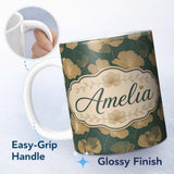 Personalized Custom Name Luxury Dark Green Floral Pattern with Large Gold Line Art Blossoms 11oz Ceramic Coffee Tea Mug White Large Handle