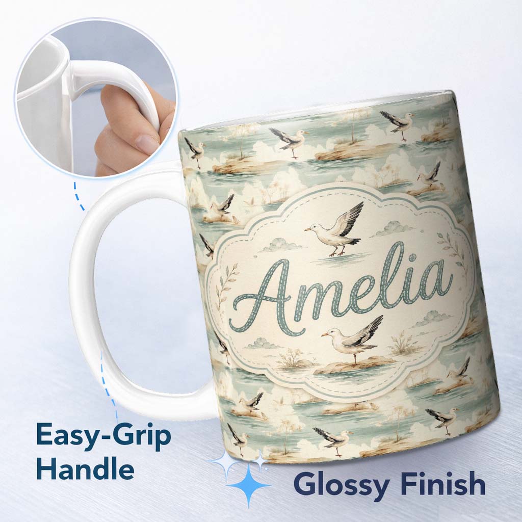 Personalized Custom Name Vintage Coastal Scene Seagulls on Shore Landscape Seamless Pattern 11oz Ceramic Coffee Tea Mug White Large Handle
