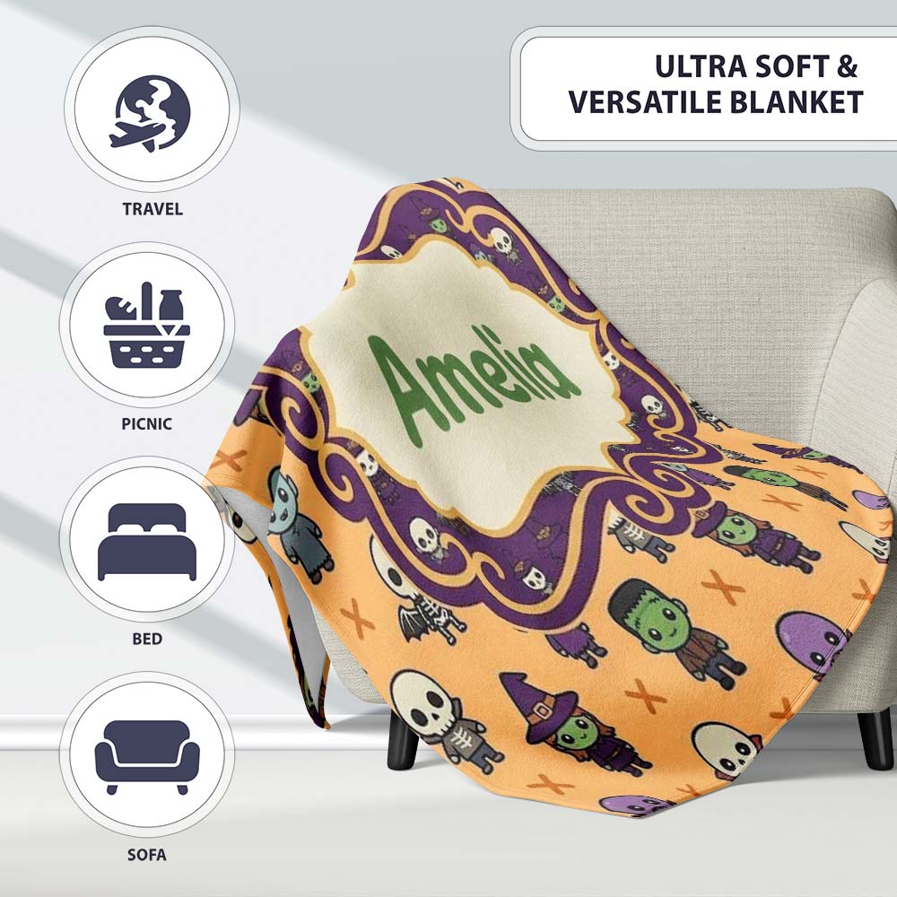 Halloween Frankenstein Mummy Bat Pumpkin Seamless Pattern Orange  Personalised Custom Name Super Soft Fleece Blanket Bed Sofa Throw