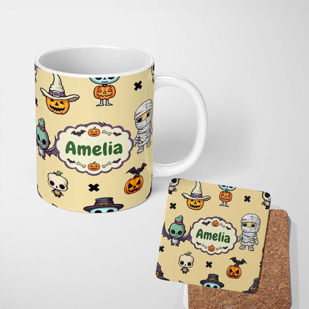 Personalized Custom Name Cute Halloween Frankenstein Mummy Bat Pumpkin Seamless Pattern 11oz Ceramic Coffee Tea Mug White Large Handle