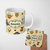Personalized Custom Name Cute Halloween Frankenstein Mummy Bat Pumpkin Seamless Pattern 11oz Ceramic Coffee Tea Mug White Large Handle