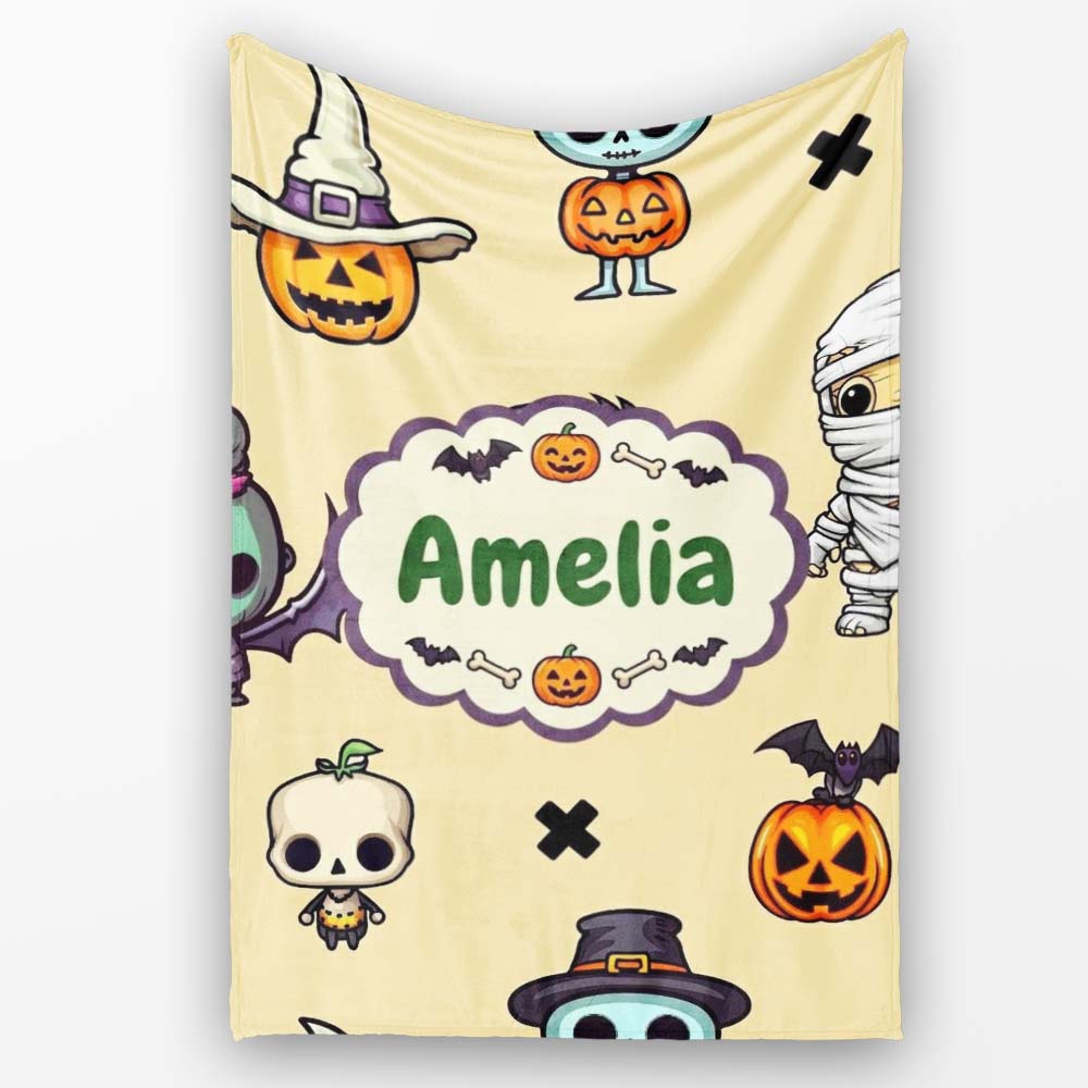 Cute Halloween Frankenstein Mummy Bat Pumpkin Seamless Pattern  Personalised Custom Name Super Soft Fleece Blanket Bed Sofa Throw