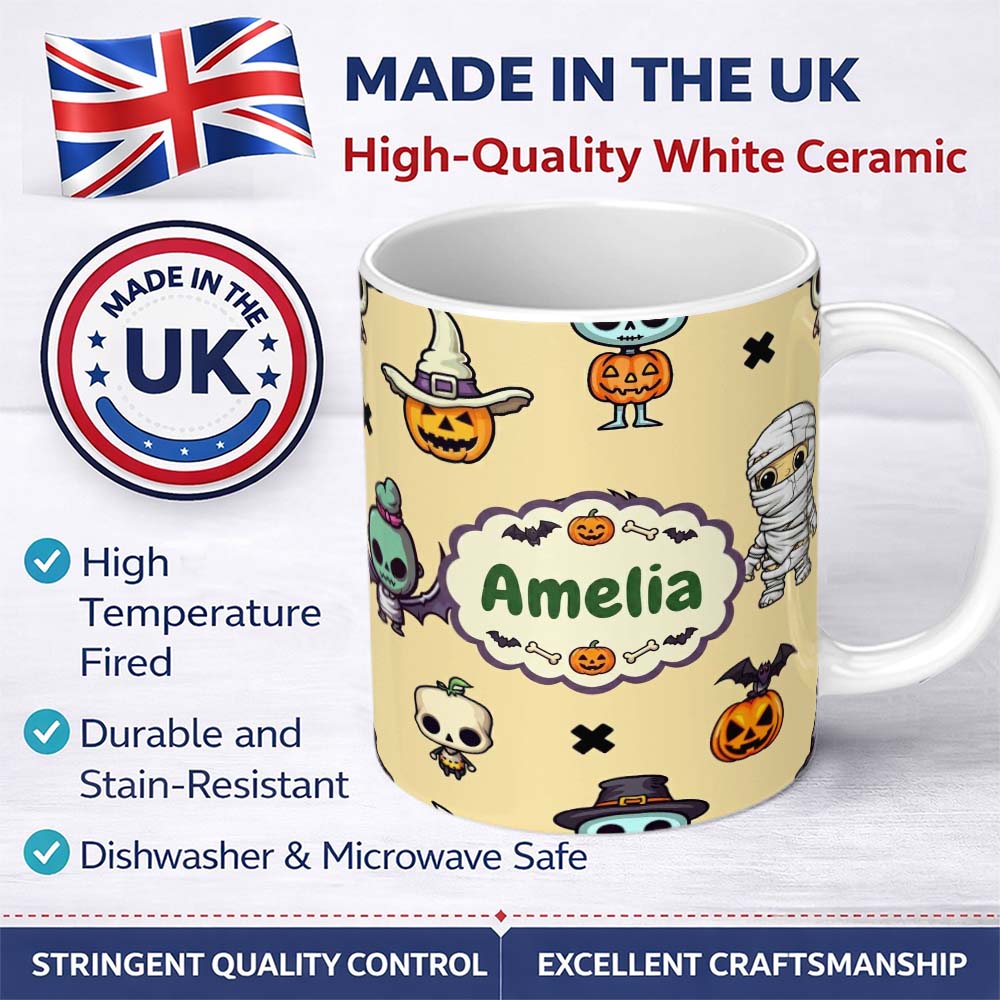 Personalized Custom Name Cute Halloween Frankenstein Mummy Bat Pumpkin Seamless Pattern 11oz Ceramic Coffee Tea Mug White Large Handle