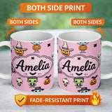 Personalized Custom Name Cute Halloween Frankenstein Mummy Bat Pumpkin Seamless Pattern Pink 11oz Ceramic Coffee Tea Mug White Large Handle
