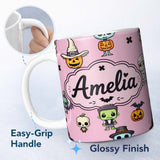 Personalized Custom Name Cute Halloween Frankenstein Mummy Bat Pumpkin Seamless Pattern Pink 11oz Ceramic Coffee Tea Mug White Large Handle