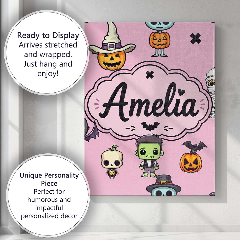 Personalised Name Cute Halloween Frankenstein Custom Unique Gift Idea Modern Room Accent Canvas Wall Art Print Decor Picture Ready to Hang