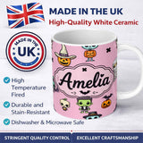Personalized Custom Name Cute Halloween Frankenstein Mummy Bat Pumpkin Seamless Pattern Pink 11oz Ceramic Coffee Tea Mug White Large Handle