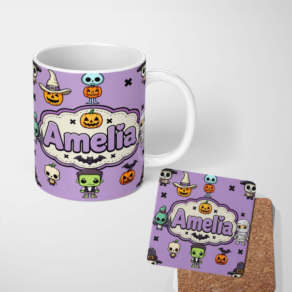 Personalized Custom Name Halloween Frankenstein Mummy Bat Pumpkin Seamless Pattern Purple 11oz Ceramic Coffee Tea Mug White Large Handle