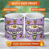 Personalized Custom Name Halloween Frankenstein Mummy Bat Pumpkin Seamless Pattern Purple 11oz Ceramic Coffee Tea Mug White Large Handle