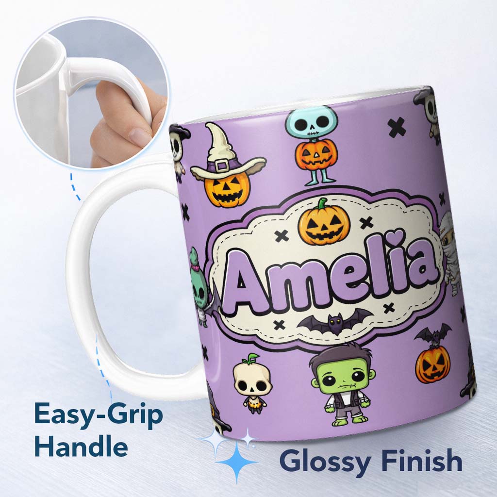 Personalized Custom Name Halloween Frankenstein Mummy Bat Pumpkin Seamless Pattern Purple 11oz Ceramic Coffee Tea Mug White Large Handle