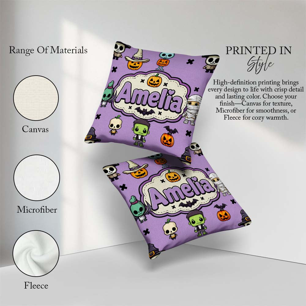 Custom Name Halloween Mummy Bat Pumpkin Seamless Pattern Purple Square Filled Cushion Throw Pillow Sofa Bed Home Decor Zip Washable UK Made