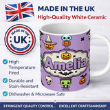 Personalized Custom Name Halloween Frankenstein Mummy Bat Pumpkin Seamless Pattern Purple 11oz Ceramic Coffee Tea Mug White Large Handle