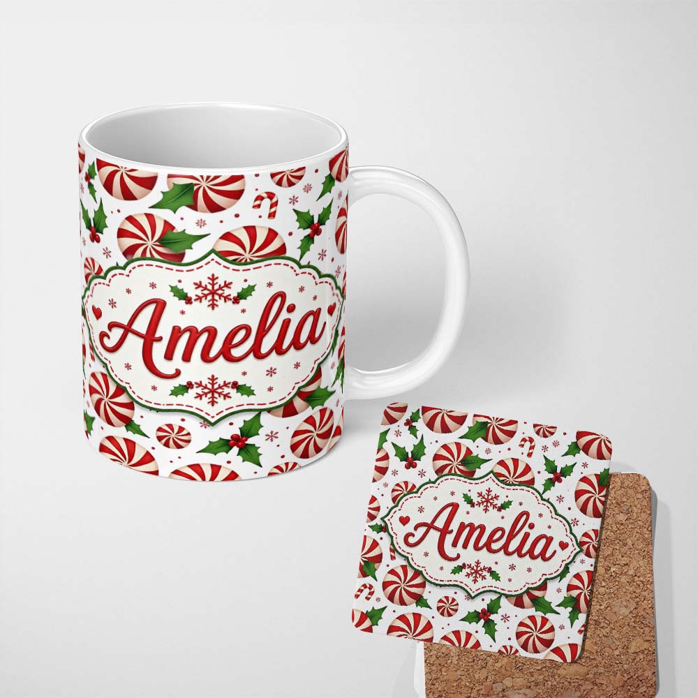 Personalized Custom Name Peppermint Candy Swirl Holly Berry Christmas Seamless Pattern Lovely 11oz Ceramic Coffee Tea Mug White Large Handle